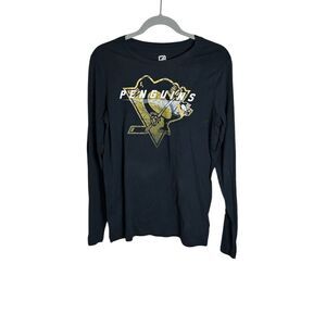 NHL Pittsburgh Penguins Youth Long Sleeve Tee Black Cracked Ice Size M
